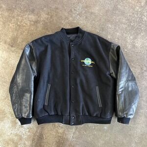 Vintage Universal Studios MCA Globe Logo Leather Sleeve Varsity Jacket XL